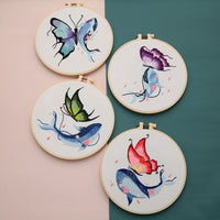 HKM-469907 DIY Embroidered Whale and Butterfly Cross Stitch Kit with Scissors and Threading Device - 4 Canvas Art Pieces