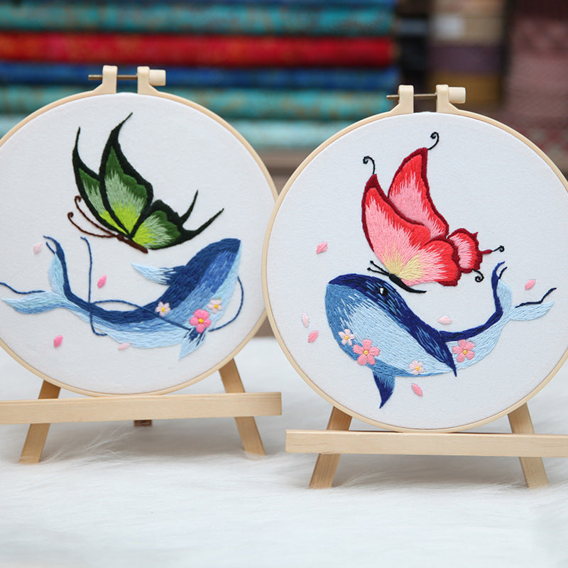 HKM-469907 DIY Embroidered Whale and Butterfly Cross Stitch Kit with Scissors and Threading Device - 4 Canvas Art Pieces