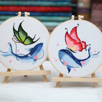 HKM-469907 DIY Embroidered Whale and Butterfly Cross Stitch Kit with Scissors and Threading Device - 4 Canvas Art Pieces