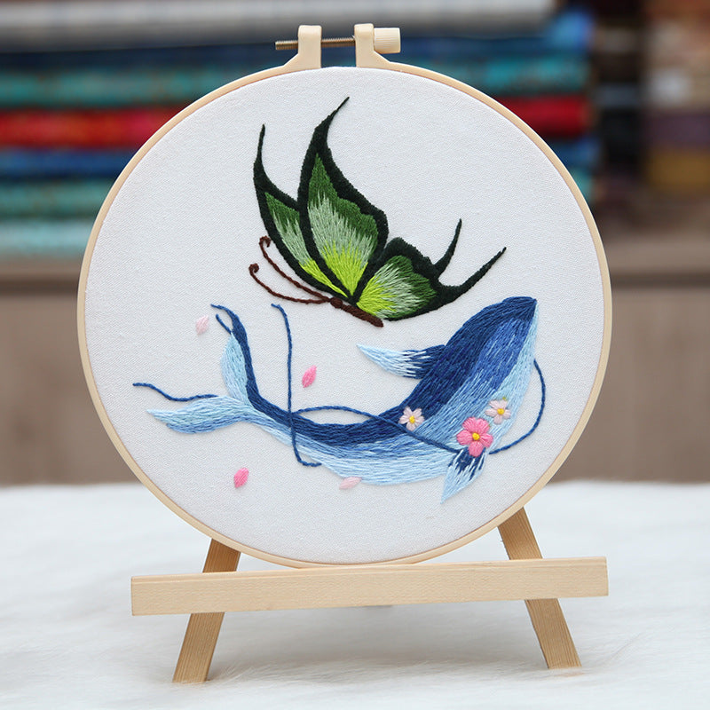 HKM-469907 DIY Embroidered Whale and Butterfly Cross Stitch Kit with Scissors and Threading Device - 4 Canvas Art Pieces