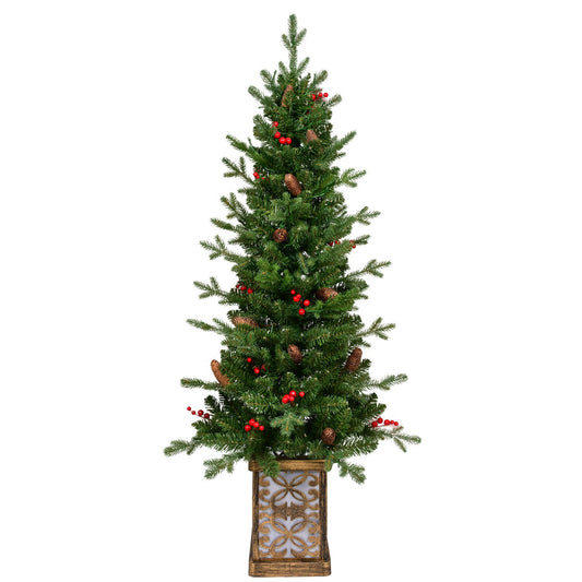 HKM-470035 4ft Pre-lit Slim Christmas Tree with Multicolor LED Lights and Glitter Basin for Porch or Yard Decor