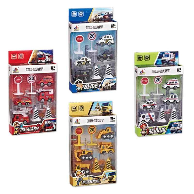 HKM-470163 Diecast Engineering Vehicle Toy Set with Police Car and Truck for Kids Ages 3 and Up