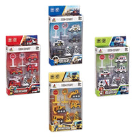 HKM-470163 Diecast Engineering Vehicle Toy Set with Police Car and Truck for Kids Ages 3 and Up