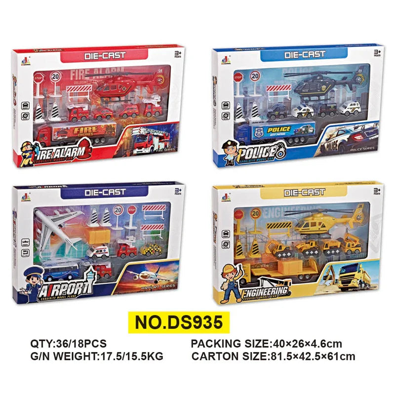 HKM-470163 Diecast Engineering Vehicle Toy Set with Police Car and Truck for Kids Ages 3 and Up