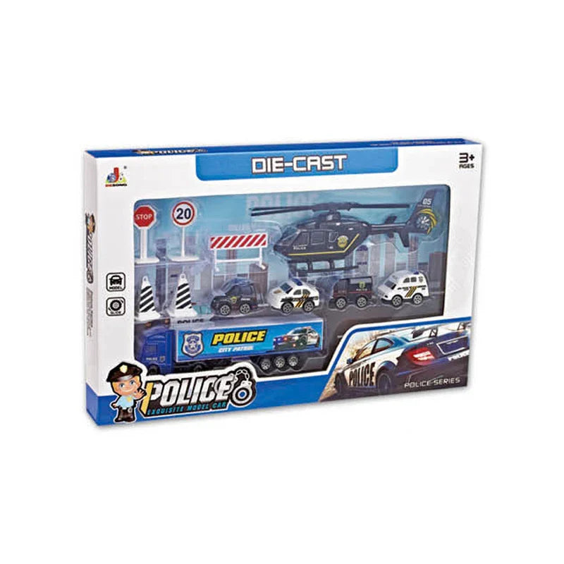 HKM-470163 Diecast Engineering Vehicle Toy Set with Police Car and Truck for Kids Ages 3 and Up