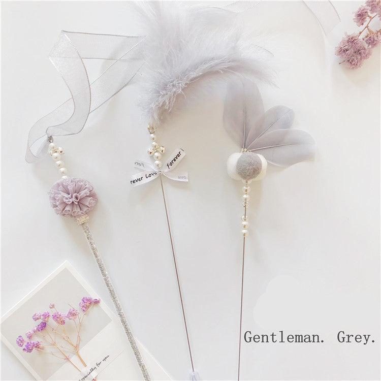 HKM-470547 Elegant Cat Teaser Wand with Soft Yarn Tape - Purple, Peach, Gray & Blue Options