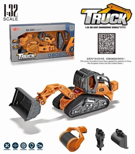 HKM-470867 4 in 1 Diecast Metal Truck Construction Machinery Toy Set for Kids, 1:32 Scale Friction Vehicles