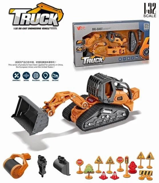 HKM-470867 4 in 1 Diecast Metal Truck Construction Machinery Toy Set for Kids, 1:32 Scale Friction Vehicles