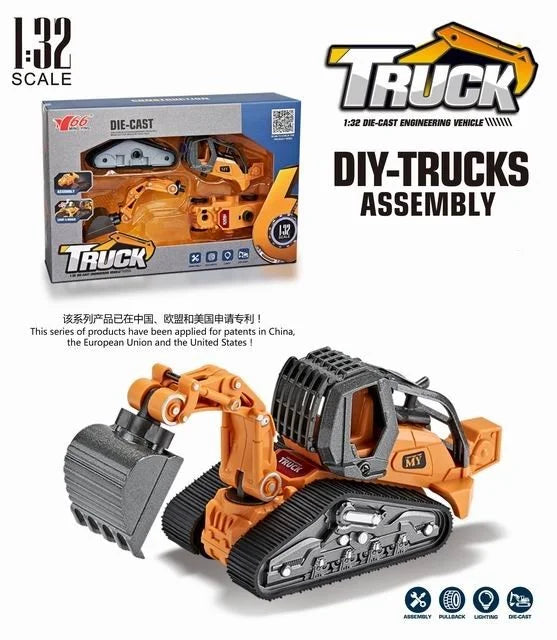 HKM-470867 4 in 1 Diecast Metal Truck Construction Machinery Toy Set for Kids, 1:32 Scale Friction Vehicles