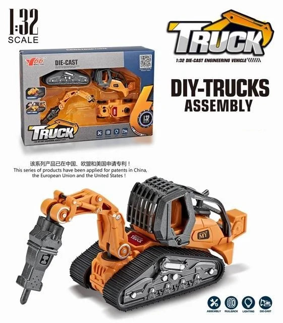 HKM-470867 4 in 1 Diecast Metal Truck Construction Machinery Toy Set for Kids, 1:32 Scale Friction Vehicles