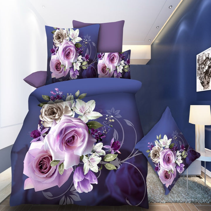 KTX-470867 Brushed 3D Four-Piece Bedding Set with Floral Design in Polyester Fiber