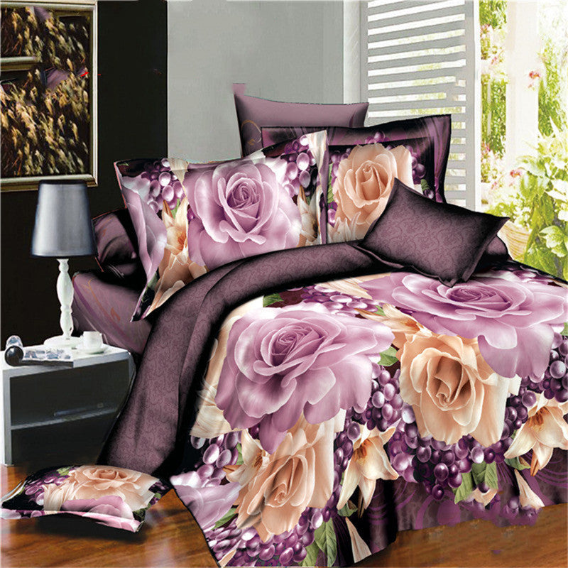 KTX-470867 Brushed 3D Four-Piece Bedding Set with Floral Design in Polyester Fiber