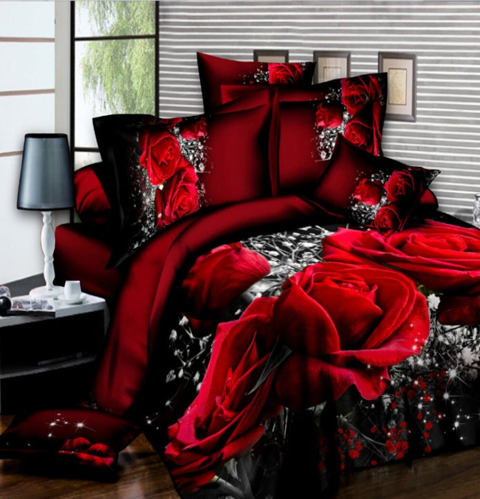 KTX-470867 Brushed 3D Four-Piece Bedding Set with Floral Design in Polyester Fiber