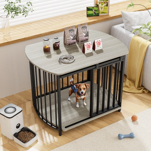 HKM-471059 Modern Wooden Dog Crate End Table for Small and Medium Dogs with Double Doors, Stylish Indoor Kennel Furniture
