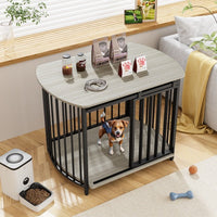 HKM-471059 Modern Wooden Dog Crate End Table for Small and Medium Dogs with Double Doors, Stylish Indoor Kennel Furniture