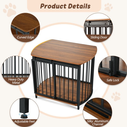 HKM-471059 Modern Wooden Dog Crate End Table for Small and Medium Dogs with Double Doors, Stylish Indoor Kennel Furniture