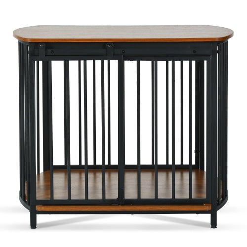 HKM-471059 Modern Wooden Dog Crate End Table for Small and Medium Dogs with Double Doors, Stylish Indoor Kennel Furniture
