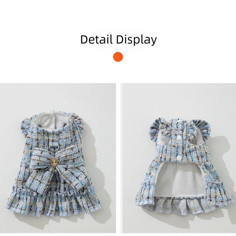 HKM-471699 Plush Bow Dress with Matching Cap for Small to Medium Dogs, Warm Wool Lining for Autumn and Winter