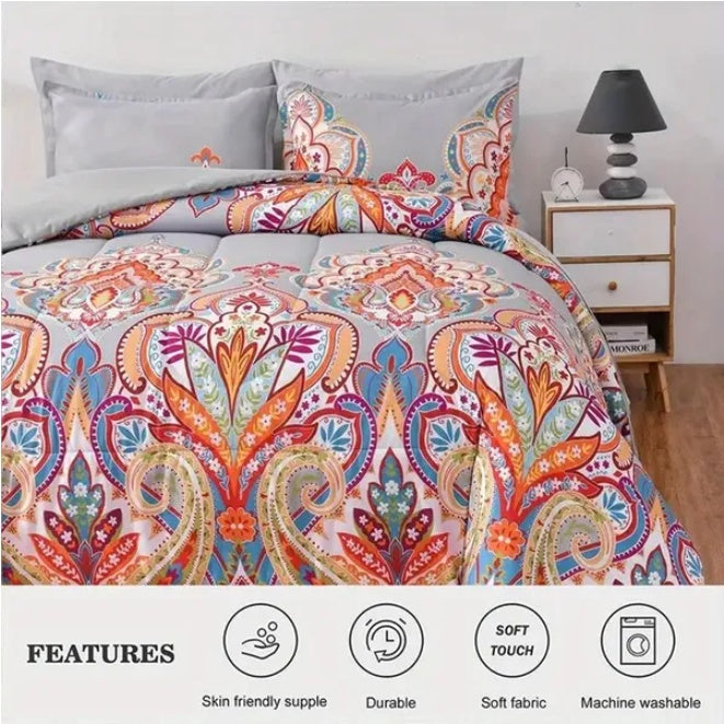 HKM-472211 Boho Gray King Comforter Set with Colorful Floral Design - 3 Pieces
