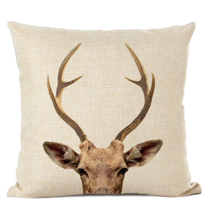 HKM-472339 Animal Parrot and Deer Head Linen Pillow Cover - Modern Simple Design, 45x45cm