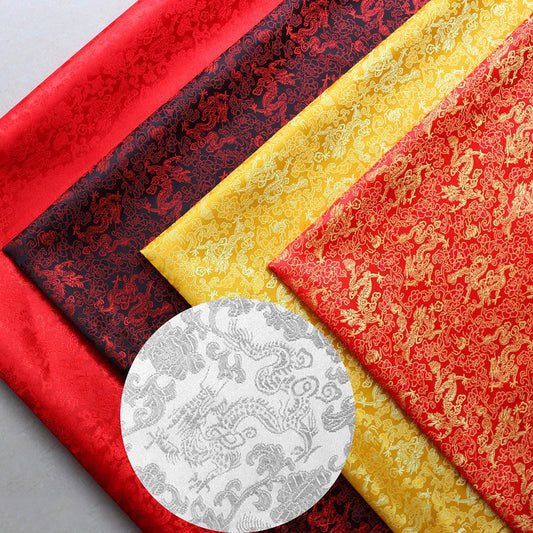 HKM-473043 Happy Auspicious Dragon and Phoenix Brocade Fabric for Skirts, Shirts, and Wedding Dresses - 50% Rayon, 50% Polyester, 150cm Wide