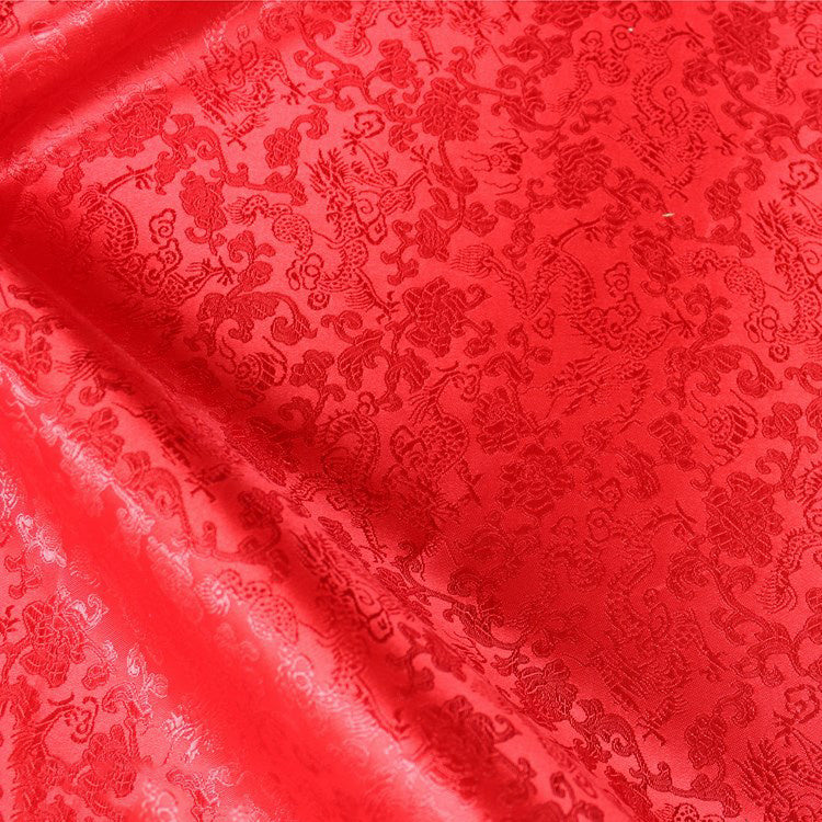 HKM-473043 Happy Auspicious Dragon and Phoenix Brocade Fabric for Skirts, Shirts, and Wedding Dresses - 50% Rayon, 50% Polyester, 150cm Wide