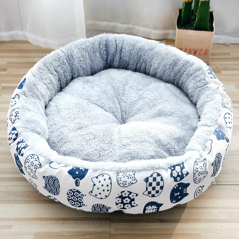 HKM-473171 Litter Padded Pet Nest in Cartoon Pattern - Soft Arctic Fleece & Linen Canvas, Multiple Sizes Available
