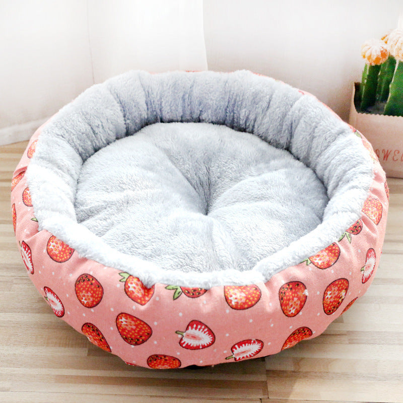 HKM-473171 Litter Padded Pet Nest in Cartoon Pattern - Soft Arctic Fleece & Linen Canvas, Multiple Sizes Available