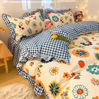 HKM-473363 Sunflower Pattern Polyester Twill Quilt Cover Set with Pillowcases and Bedskirt Options