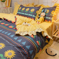 HKM-473363 Sunflower Pattern Polyester Twill Quilt Cover Set with Pillowcases and Bedskirt Options