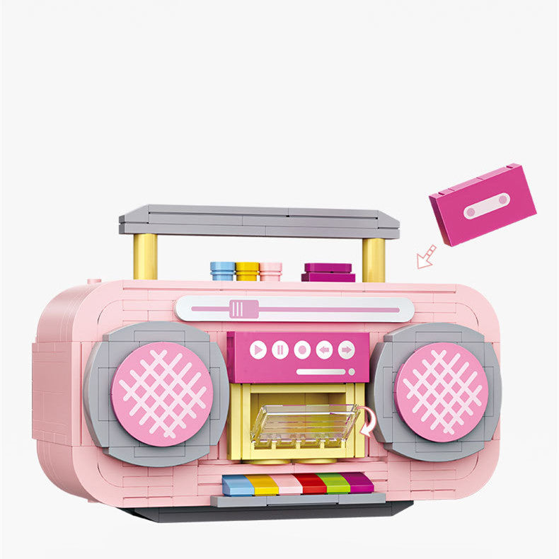 KTX-474067 Pink Mini Tape Recorder Building Blocks Set - 419 Pieces, ABS Plastic Construction