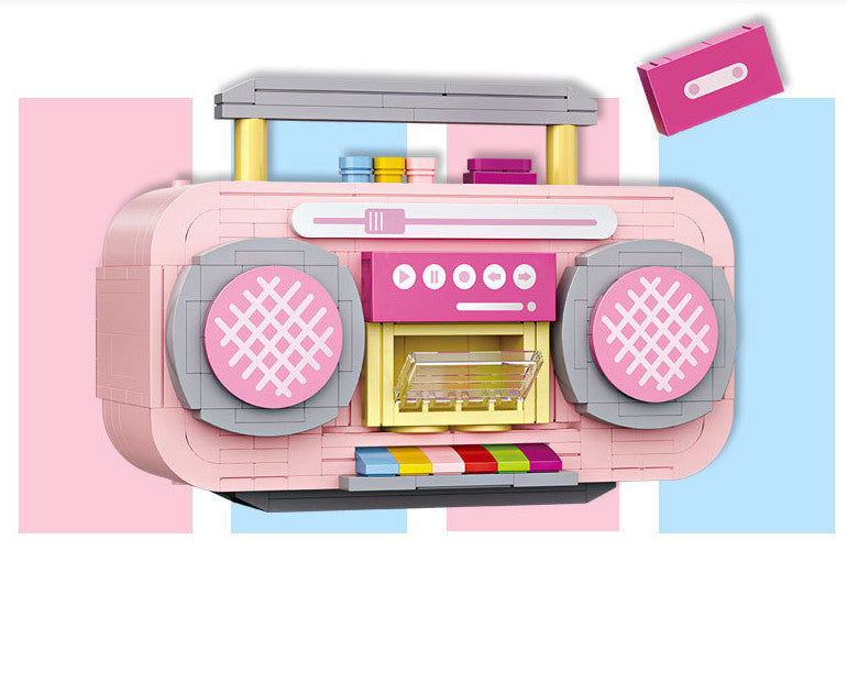 KTX-474067 Pink Mini Tape Recorder Building Blocks Set - 419 Pieces, ABS Plastic Construction