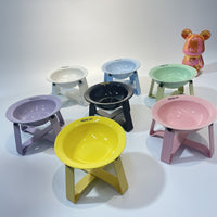 HKM-474387 Ceramic Cat Bowls with Iron Frame Stand - Stylish Elevated Dining Set for Cats