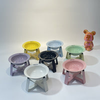 HKM-474387 Ceramic Cat Bowls with Iron Frame Stand - Stylish Elevated Dining Set for Cats