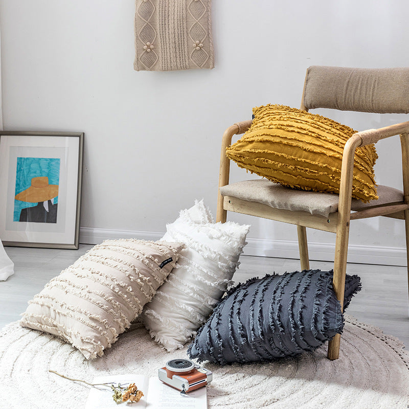 HKM-474579 Fringed Jacquard Cotton and Linen Pillowcase, 45x45cm, Soft PP Cotton Filling for Living Room and Bedroom