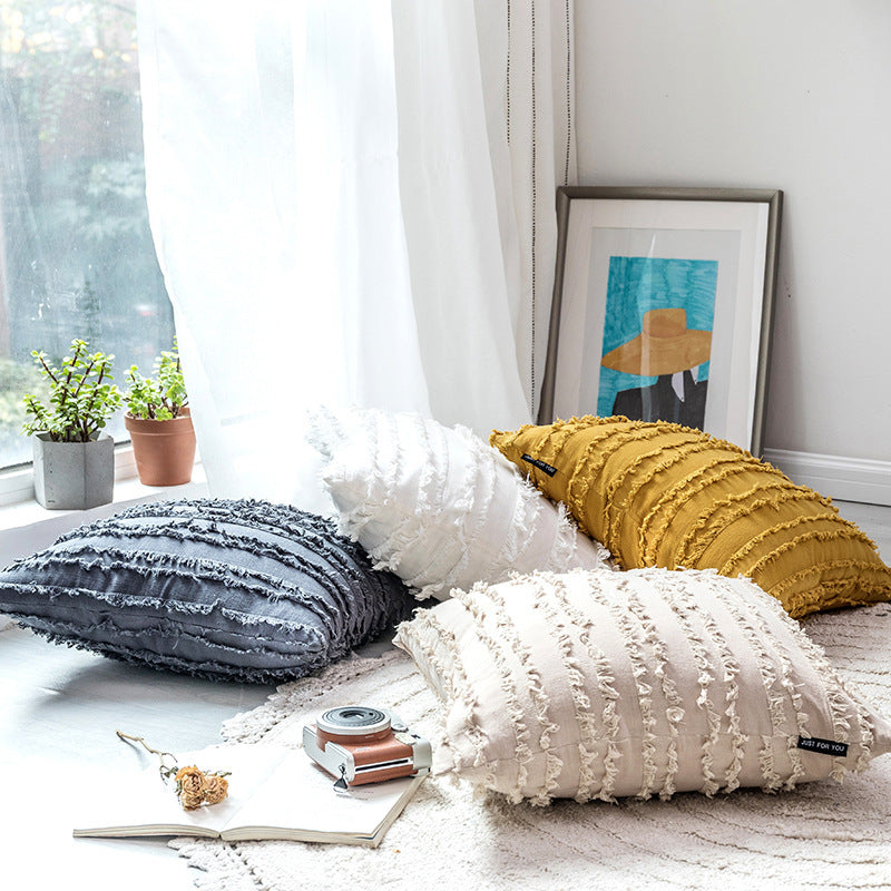HKM-474579 Fringed Jacquard Cotton and Linen Pillowcase, 45x45cm, Soft PP Cotton Filling for Living Room and Bedroom