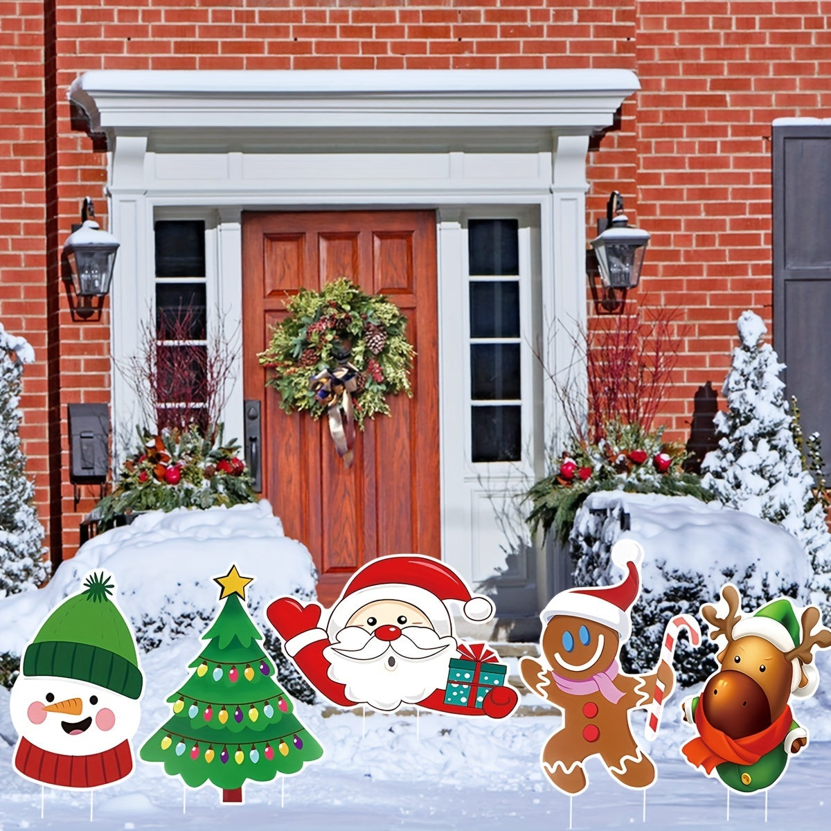 HKM-474643 5 Pack Multicoloured Christmas Outdoor Yard Signs for Holiday Decorations - Includes Tree, Reindeer, Santa, Gingerbread, and Snowman Designs