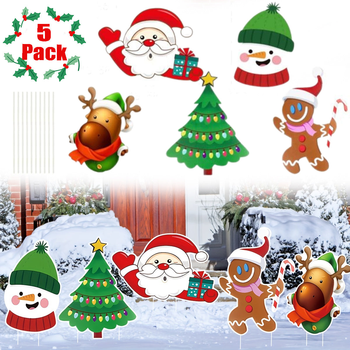 HKM-474643 5 Pack Multicoloured Christmas Outdoor Yard Signs for Holiday Decorations - Includes Tree, Reindeer, Santa, Gingerbread, and Snowman Designs