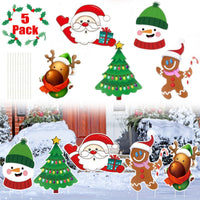 HKM-474643 5 Pack Multicoloured Christmas Outdoor Yard Signs for Holiday Decorations - Includes Tree, Reindeer, Santa, Gingerbread, and Snowman Designs