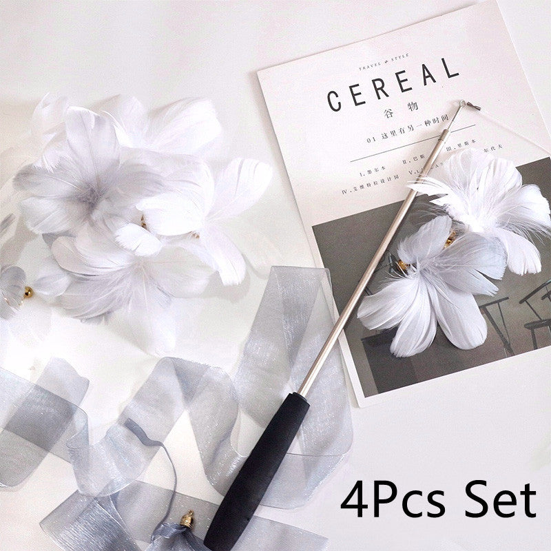 HKM-475155 Telescopic Rod with Flower Feather Replacement Head - White and Grey Blossoms Options Available