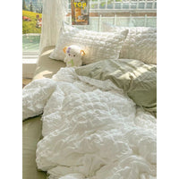 HKM-475347 Cream and Geometric Pattern Washed Cotton Four-Piece Bed Set, Includes Duvet Cover, Pillowcases, and Bed Sheet