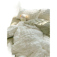HKM-475347 Cream and Geometric Pattern Washed Cotton Four-Piece Bed Set, Includes Duvet Cover, Pillowcases, and Bed Sheet