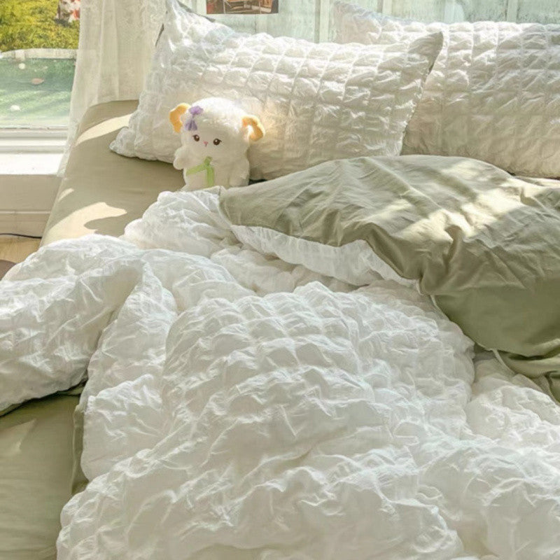 HKM-475347 Cream and Geometric Pattern Washed Cotton Four-Piece Bed Set, Includes Duvet Cover, Pillowcases, and Bed Sheet