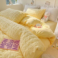 HKM-475347 Cream and Geometric Pattern Washed Cotton Four-Piece Bed Set, Includes Duvet Cover, Pillowcases, and Bed Sheet