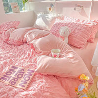HKM-475347 Cream and Geometric Pattern Washed Cotton Four-Piece Bed Set, Includes Duvet Cover, Pillowcases, and Bed Sheet