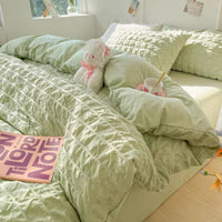 HKM-475347 Cream and Geometric Pattern Washed Cotton Four-Piece Bed Set, Includes Duvet Cover, Pillowcases, and Bed Sheet