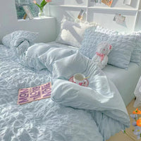 HKM-475347 Cream and Geometric Pattern Washed Cotton Four-Piece Bed Set, Includes Duvet Cover, Pillowcases, and Bed Sheet