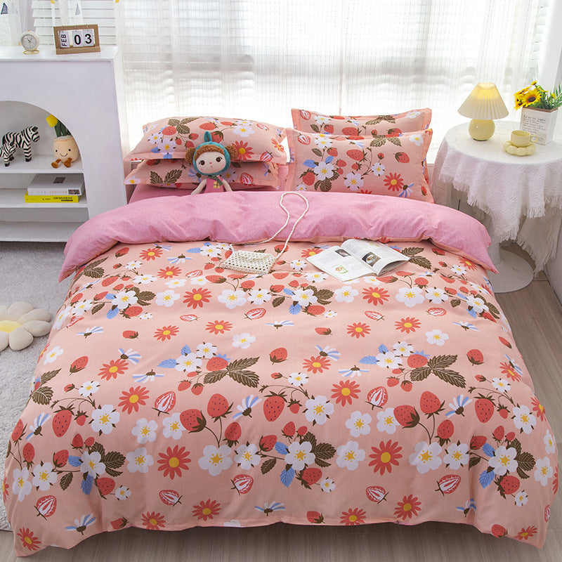 HKM-475347 Korean-style Brushed Bedding Set with Plant and Flower Pattern, Includes Duvet Cover and Pillowcases, 1.2m Size
