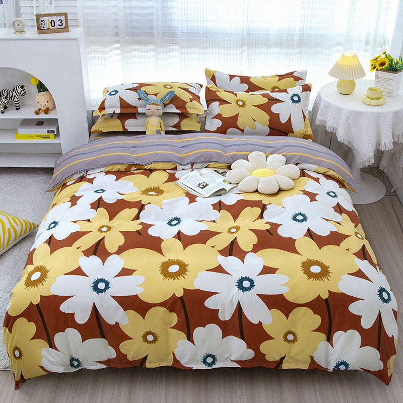 HKM-475347 Korean-style Brushed Bedding Set with Plant and Flower Pattern, Includes Duvet Cover and Pillowcases, 1.2m Size