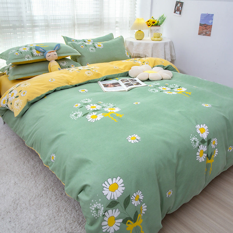 HKM-475347 Korean-style Brushed Bedding Set with Plant and Flower Pattern, Includes Duvet Cover and Pillowcases, 1.2m Size